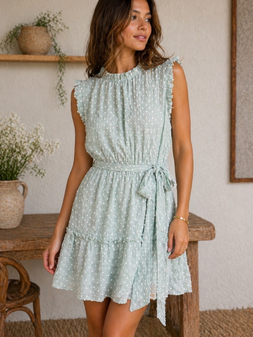 Lovecollette Sage Green Swiss Dot Ruffle Mini Dress | Tie Waist Feminine Boho